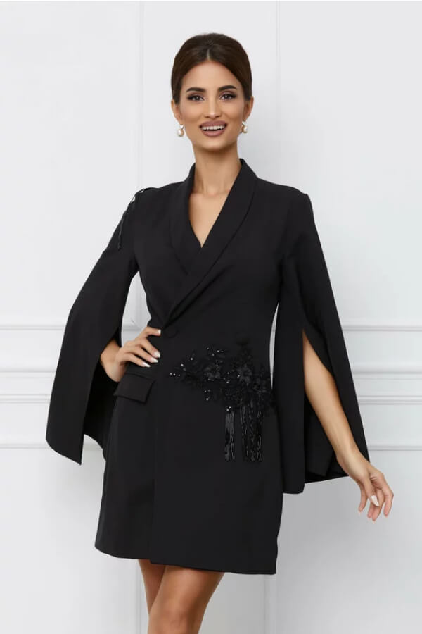 rochie eleganta neagra tip sacou cu franjuri