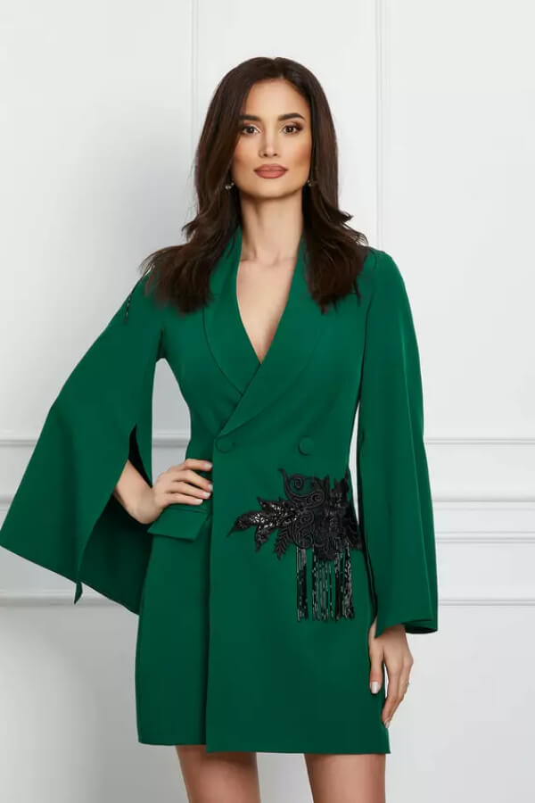 rochie eleganta verde tip sacou cu franjuri