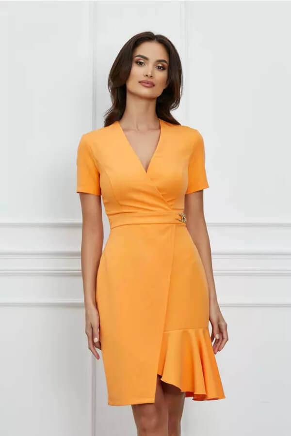 rochie eleganta de zi portocalie cu volan la baza pe o parte
